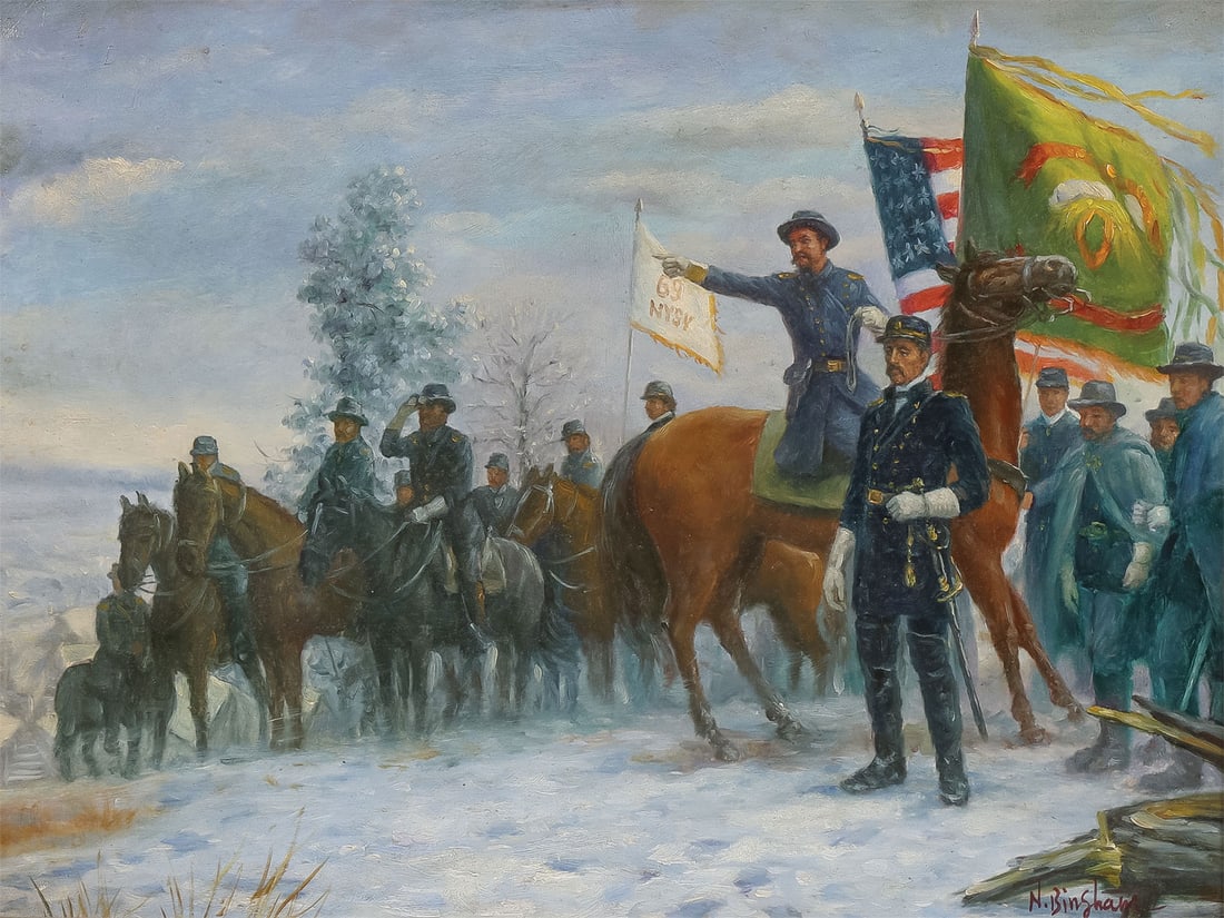 GREAT AMERICAN CIVIL WAR PAINTING: After Morton Kunstler (American 1931-2025) The Fighting 69th Oil on wood panel Signed lower right by copyist N. Binshaw 12 x 16 inches. Overall, including frame, 20 x 24 inches The Fighting 69th was