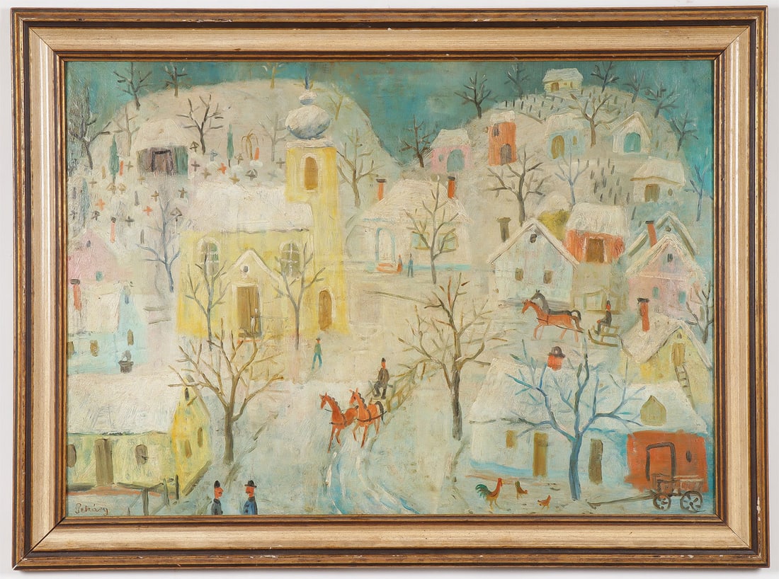 CHARMING HUNGARIAN PAINTING BY PEKARY: Istvan Pekary (Hungarian 1905-1981) Village in Winter Oil on board Signed lower left, verso signed and titled and with exhibition label 23.5 x 31.75 inches (59.6 x 80.6cm) SHIPPING NOTICE: If you are