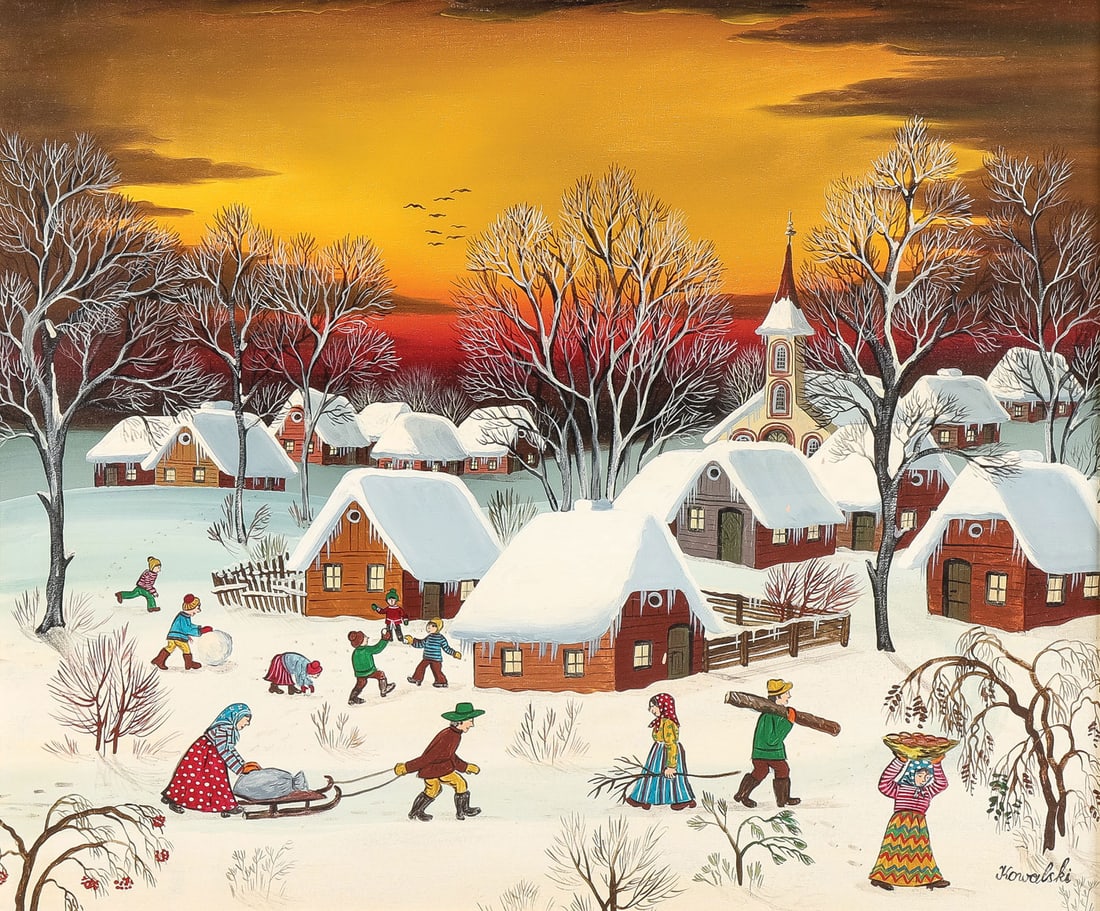 CHARMING SIGNED WINTER VILLAGE: A. Kowalski (Hungarian B. 1926-) Winter Village Scene Oil on canvas Signed lower right Kowalski 20 x 24 inches (51 x 61cm). Overall, including frame, 26.75 x 30.75 inches (68 x 78.5cm) SHIPPING