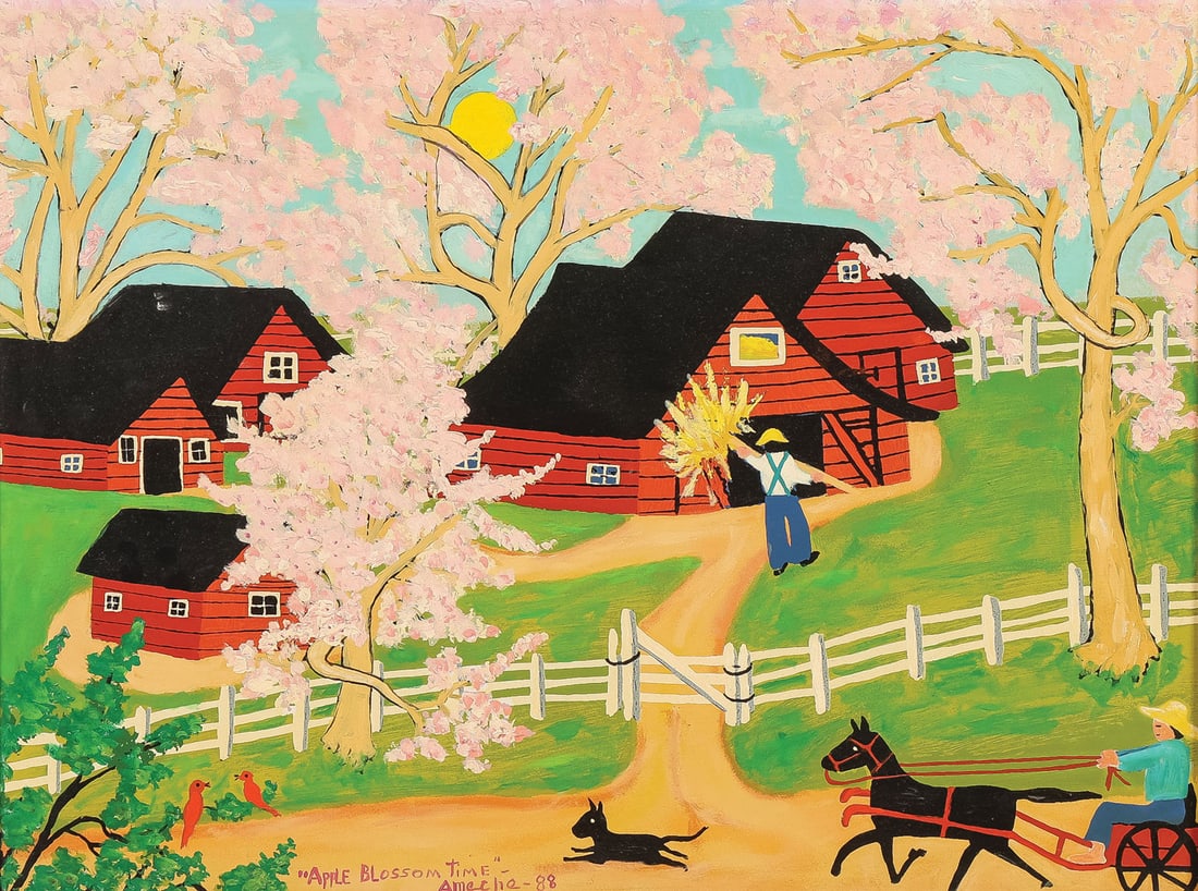 CHARMING KAY AMECHE SIGNED OIL: Kay Ameche (American 1904 - 2005) Apple Blossom Time -1988 Oil on artist board Signed, titled, and dated 88 lower left 17 x 23 inches (43 x 58.5cm). Overall, including frame, 26 x 31.5 inches (66 x