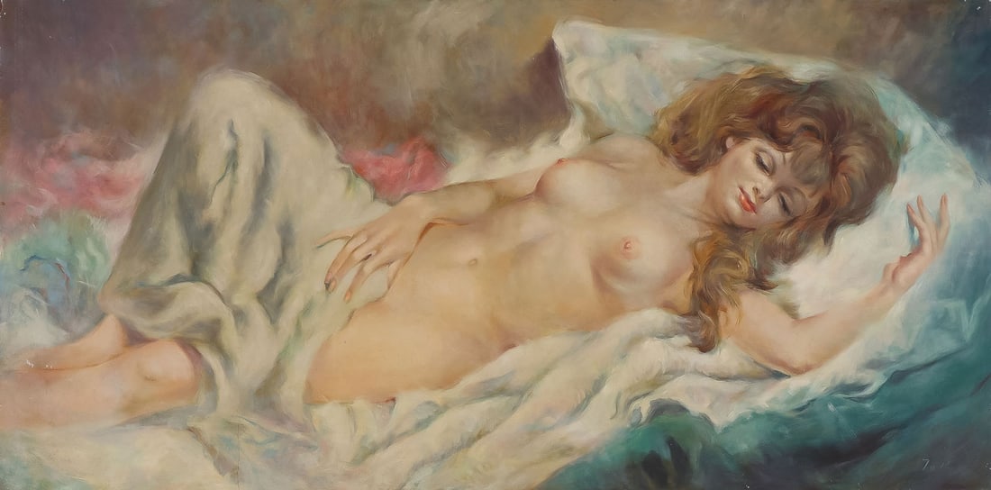 ORIGINAL SIGNED PINUP PAINTING, C. 1970: Richard Kishady (Hungarian - American 1919 - 2011) A Reclining Nude and a Nude with Feather Hat - a pair of paintings Oil on artist board Each signed on lower margin 24 x 18 inches, unframed, and 24 x