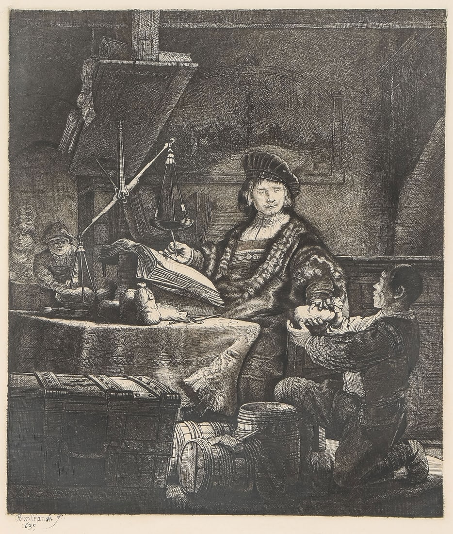 PR OF REMBRANDT ETCHINGS: PR OF REMBRANDT ETCHINGS. Comprising two late-state Rembrandt (1606-1669) etchings. Including Self-Portrait in a Velvet Cap with Plume, impression size 5.5 x 4.75 inches (14 x 12.1cm), overall