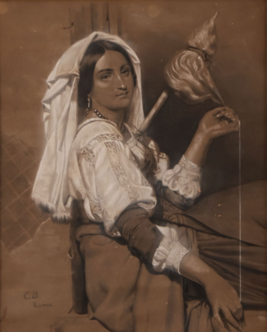 VERY FINE 19TH CENTURY ITALIAN PORTRAIT: European School (19th Century) Making Yarn Pastel on paper Initialed lower left C.B. and further inscribed Roma Sight: 17 x 13.75 inches (43 x 35cm). Overall, including glazed frame, 29 x 25.75 inches