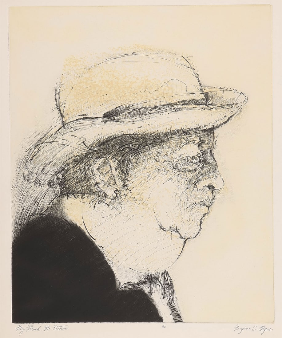 MAURICIO LASANSKY PROTEGE ETCHINGS: MAURICIO LASANSKY PROTEGE ETCHINGS. Including seven works by Virginia Myers (1927?2015) as shown, including the following etchings: Self Portrait with a Hat, The Engraver, My Friend Mr. Putnam, The Se