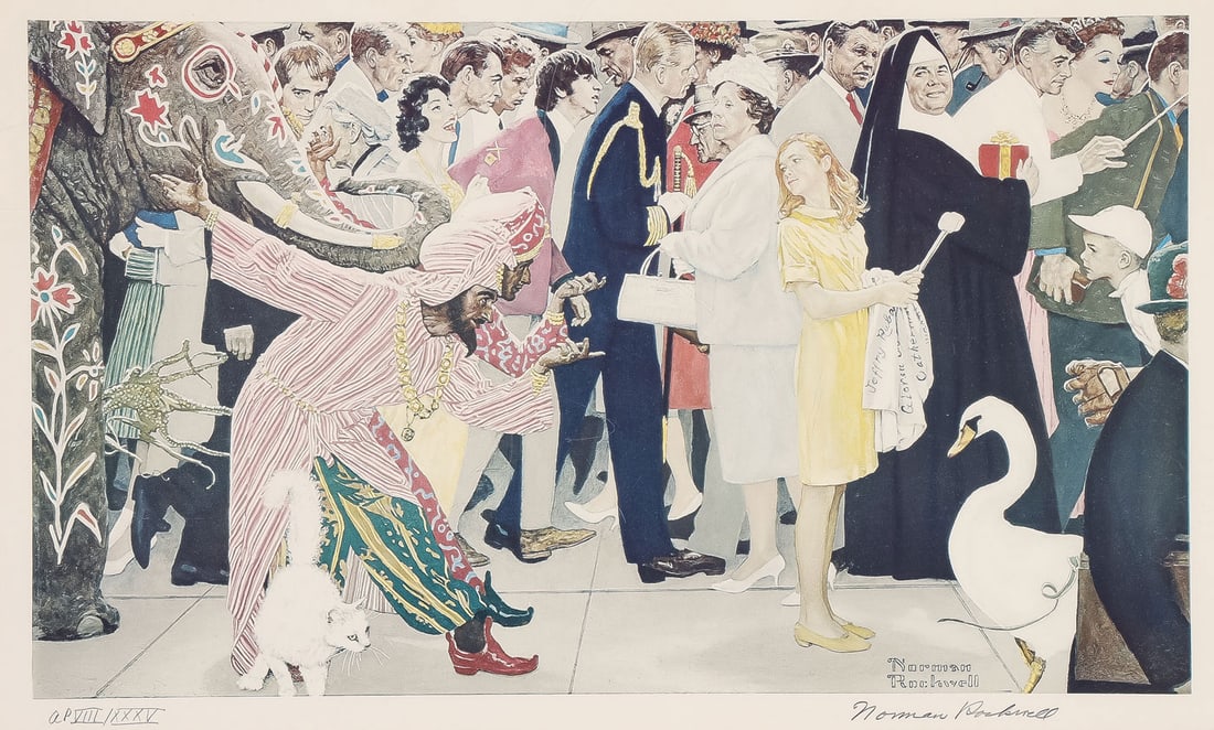 NORMAN ROCKWELL SINGED LITHO: Norman Rockwell (American 1894 - 1978) Saturday People Color lithograph Pencil signed lower right, editioned lower left ap viii/xxxv Image size: 13.5 x 23 inches. Sheet size: 22.5 x 30 inches.