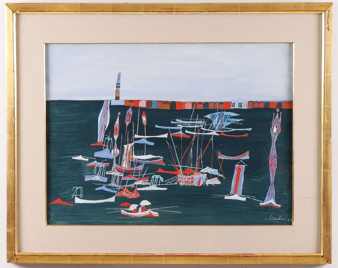 MID-CENTURY SIGNED PAINTING: Nicola Simbari (Italian 1927 - 2012) Harbor Scene -1959 Gouache Signed and dated 59 lower right 17.75 x 24 inches (45 x 61cm). Overall, including frame, 25.75 x 32 inches (65.5 x 81.5cm) SHIPPING