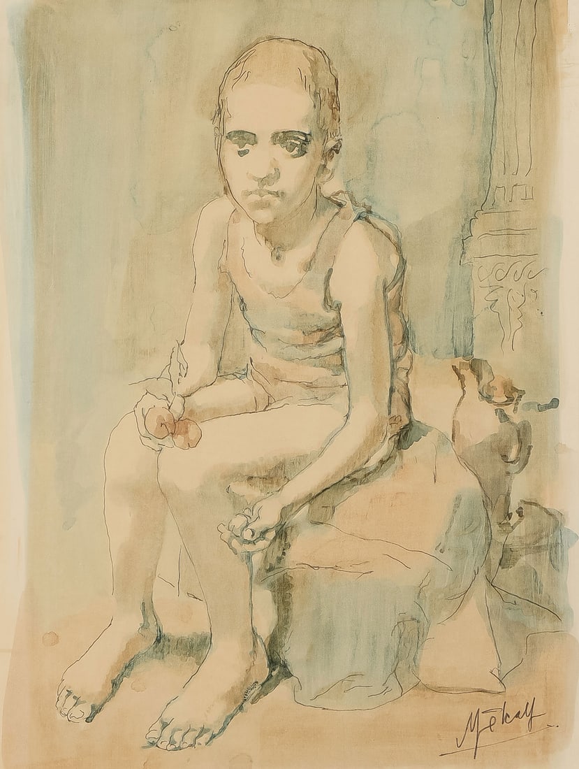 2 CONGER METCALF PAINTINGS: Conger Metcalf (American 1914-1998) Seated Boy Holding Plumbs & A Boy Examining a Wheat Stalk Graphite and oil wash on coated paper & sanguine and wash on paper Both signed lower right, and one titled