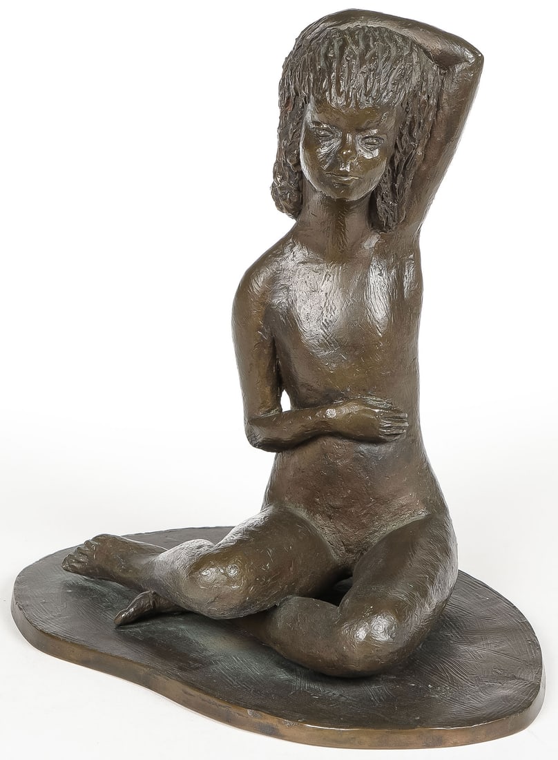 CHARMING SIGNED MID CENTURY BRONZE: CHARMING SIGNED MID CENTURY BRONZE. Comprising a charming mid-century bronze of a seated gymnast on integral shaped base. Signed on base Esther Tarnoff. Height 7.5 inches (18.5cm). SHIPPING NOTICE: If