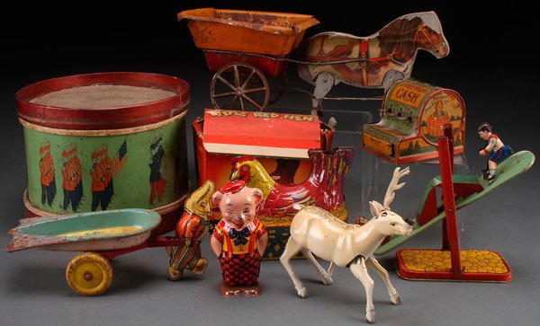 EIGHT VINTAGE TIN LITHO TOYS, EARLY TO MID 20TH C: EIGHT VINTAGE TIN LITHO TOYS, EARLY TO MID 20TH CENTURY. Comprising a Humpty Dumpty toy cash register, a Little Red Hen in original box, a horse and cart pull toy, Chein wind up pig, a Converse drum,