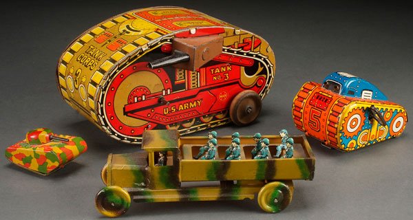 A MARX TIN LITHO TURNOVER TANK WIND UP TOYS: A MARX TIN LITHO TURNOVER TANK WIND UP TOY, EARLY 20TH CENTURY. Together with a small Marx turnover tank wind up, a Japan friction tank toy and a German pre-war penny toy troop carrier. Largest length