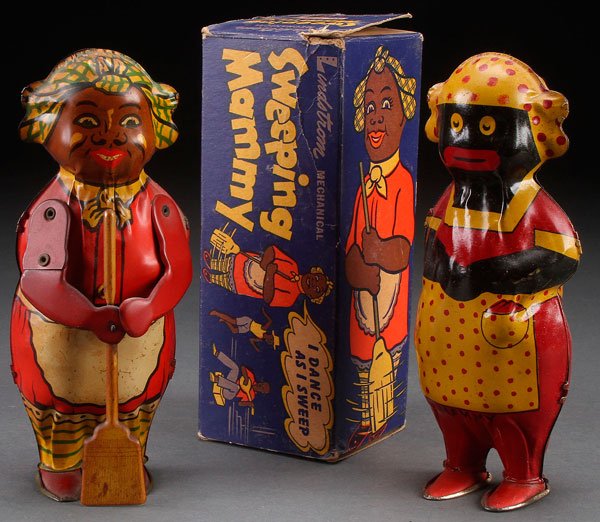 A LINDSTROM SWEEPING MAMMY TIN LITHO WIND UP TOY IN BOX: A LINDSTROM SWEEPING MAMMY TIN LITHO WIND UP TOY, EARLY 20TH CENTURY. In original box. Together with a Lindstrom Dancing Mammy tin litho. Height of figures 7.75 inches (19.5 cm).