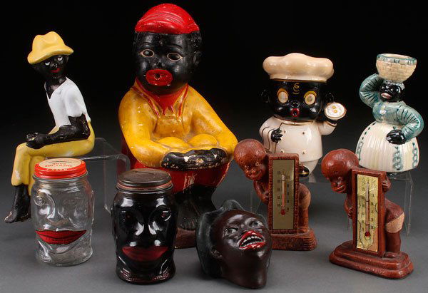 A NINE PIECE BLACK AMERICANA DECORATIVE CERAMIC GLASS: A NINE PIECE BLACK AMERICANA DECORATIVE CERAMIC AND GLASS GROUP, EARLY TO MID 20TH CENTURY. Comprising a large Ozark Plaster Artworks whistling black boy, two glass Lucky Joe banks, a Shearwater Mammy