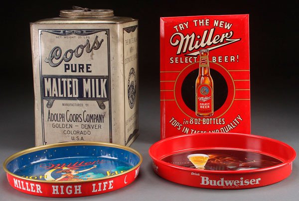 A GROUP OF TIN ADVERTISING CONTAINERS AND SIGNS,: A GROUP OF TIN ADVERTISING CONTAINERS AND SIGNS, MID 20TH CENTURY. Consisting of an Adolph Coors Malted Mix Container and a Miller Brewing Co Select Beer sign. Together with two round reproduction Mil