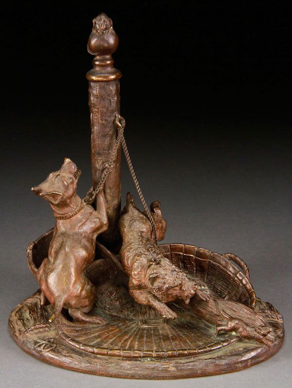 Attributed to HENRI ALFRED MARIE JACQUEMART(Frenc: Attributed to HENRI ALFRED MARIE JACQUEMART(French 1824-1896)Dogs Chasing Mice Bronze with dark patinaInscribed "AJ" on base with early Suisse Fres foundry markHeight 8 inches (20 cm)