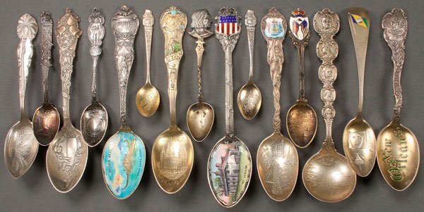 15 BETTER QUALITY STERLING SILVER SOUVENIR SPOONS: A GROUP OF 15 BETTER QUALITY STERLING SILVER SOUVENIR SPOONS, MOSTLY VICTORIAN. Including a very fine Watson Mount Vernon enameled bowl with enameled Union shield terminal, an enameled bowl "Saltair B