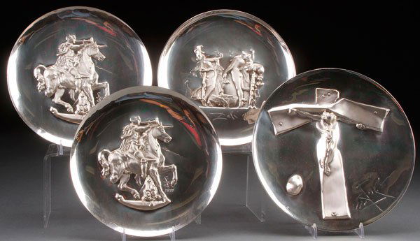 4 LINCOLN MINT STERLING COLLECTOR'S PLATES 33.2 TROY OZ: A GROUP OF FOUR LINCOLN MINT STERLING COLLECTOR'S PLATES, AFTER SALVADOR DALI, CIRCA 1971. The largest diameter 9 inches. Weight approximately 33.2 troy oz.