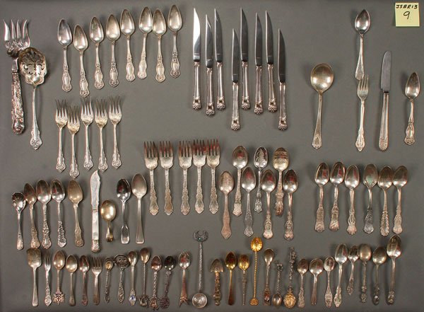 A COLLECTION OF 38 SILVER PLATED SOUVENIR SPOONS,: A COLLECTION OF 38 SILVER PLATED SOUVENIR SPOONS, LATE 19TH/EARLY 20TH CENTURY. Representing various U.S. and European locations. Together with 44 pieces of mostly Victorian silver plated flatware in 