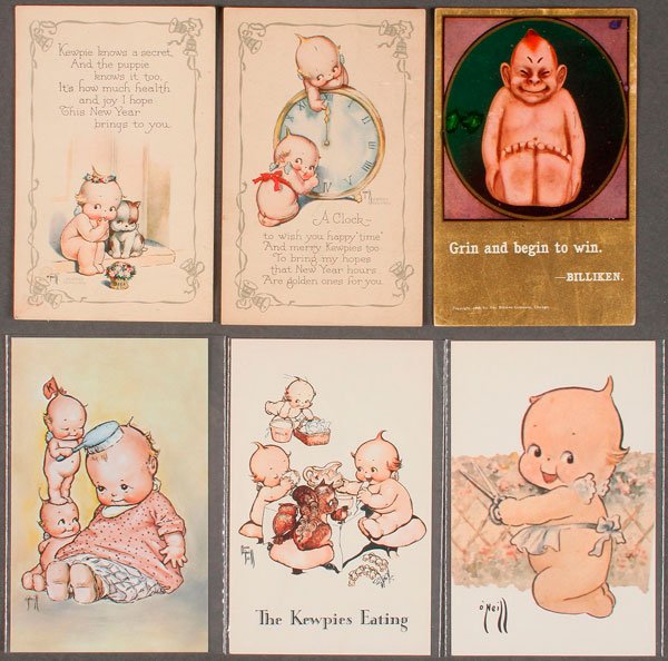 121 KEWPIE POSTCARDS: 121 KEWPIE POSTCARDS. Comprising two early Rose O'Neil Gibson Art Co cards and 119 later Kewpie cards by Florence Baker and reproductions of original O'Neil artwork. Together with a Billiken postcard.