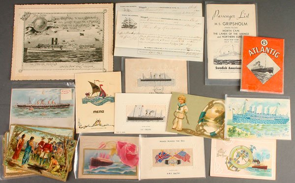 A 20 PC COLLECTION OF STEAM SHIP OCEAN LINER EPHEMERA: A 20 PIECE COLLECTION OF STEAM SHIP OCEAN LINER RELATED MATERIAL, EARLY TO MID 20TH CENTURY. Including R.M.S Baltic, R.M.S. Teutonic, and S.S. Celtic woven in silk cards; a Kaiser Wilhelm hold to ligh