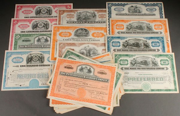 A COLLECTION OF 40 RAILROAD STOCK CERTIFICATES: A COLLECTION OF 40 RAILROAD STOCK CERTIFICATES. Comprising a Baltimore and Ohio 20 shares common registered 1899, a Cuba railroad 10 shares registered 1928, and the remainder circa 1940's and 1950's f
