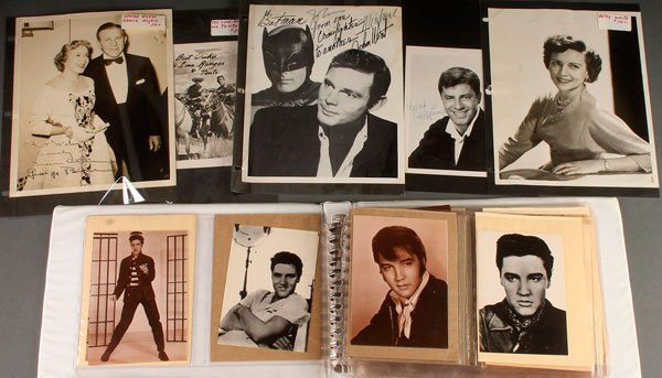 CELEBRITY AUTOGRAPHED PROMOTIONAL STILLS: A COLLECTION OF CELEBRITY AUTOGRAPHED PROMOTIONAL STILLS, MID 20TH CENTURY. Including Jerry Lewis, Betty White, Phil Silvers, George Burns, and Adam West. Together with 20 additional facsimile signed 