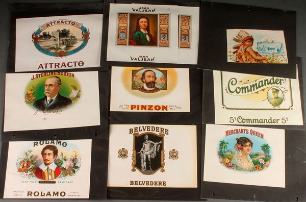 A COLLECTION OF 130 TOBACCO AND CIGAR BOX LABELS.: A COLLECTION OF 130 TOBACCO AND CIGAR BOX LABELS. Of various size by various makers. Together with a collection of pharmaceutical bottle labels.