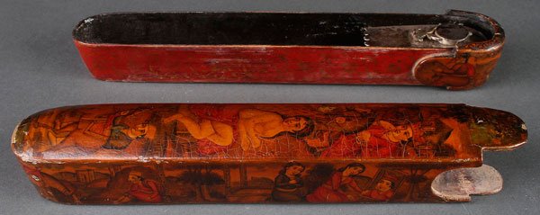 A PERSIAN LACQUERED WOOD AND PAPIER-MÂCHÉ PEN BOX: A PERSIAN LACQUERED WOOD AND PAPIER-MÂCHÉ PEN BOX, EARLY TO MID 19TH CENTURY. Of elongated ovoid form, with hand painted scenes of princely figures with attendants throughout. Length 8.5 inches (21.