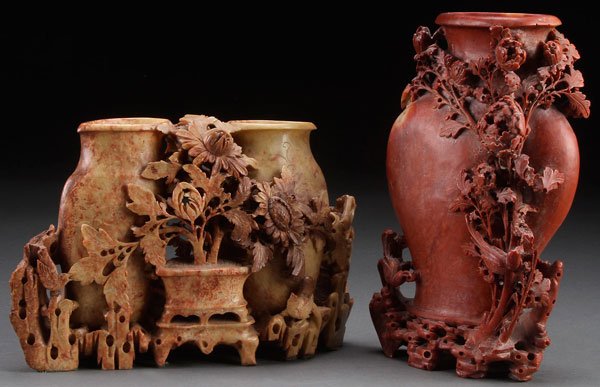 TWO CHINESE EXPORT CARVED SOAPSTONE VASES: TWO CHINESE EXPORT CARVED SOAPSTONE VASES, CIRCA 1930S. Inscribed "Chicago World's Fair" on verso. Height 10.25 inches (26 cm).