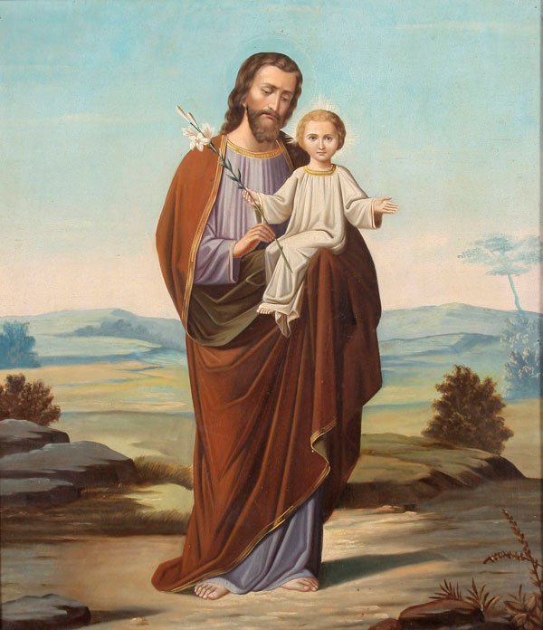 OIL PAINTING OF ST. JOSEPH & JESUS CIRCA 1890: GERMAN SCHOOL(19th century) St. Joseph and the Infant Christ Oil on canvas 23 inches x 20 inches (58.4 x 50.8 cm)