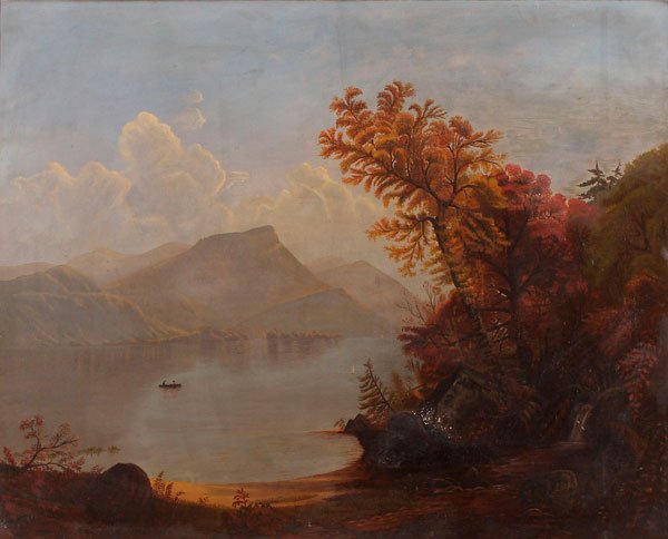 A GROUP OF THREE HUDSON RIVER SCHOOL STYLE NAÏVE: A GROUP OF THREE HUDSON RIVER SCHOOL STYLE NAÏVE LANDSCAPE PAINTINGS, AMERICAN CIRCA 1875-1895. Including a landscape of Lake George in a vintage stenciled gilt frame, 29 inches x 36 inches (apparen