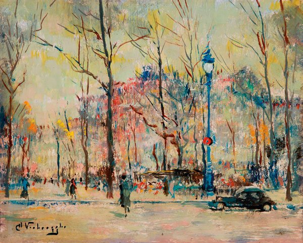 PARIS STREET SCENE PAINTING, NOTED ARTIST SIGNED: CHARLES HENRI VERBRUGGHE(French 1877-1974) Paris Street Scene- circa 1950 Oil on board Signed lower left and inscribed on verso- Paris 8.75 inches x 10.6 inches (22 x 27 cm)