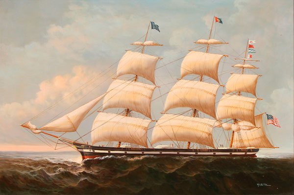 AN AMERICAN CLIPPER SHIP PAINTING, OIL ON CANVAS,: AN AMERICAN CLIPPER SHIP PAINTING, OIL ON CANVAS, LAST QUARTER 20TH CENTURY. Signed lower right Martz, contained in an ornate gilt press molded frame. Painting size 24 inches x 36 inches.