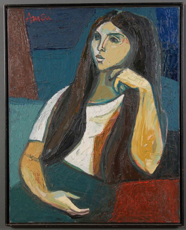 50'S-60'S ORIGINAL MODERN ART. Comprising two ori: 50'S-60'S ORIGINAL MODERN ART. Comprising two original oil on canvas paintings of seated women by Irving Amen (American 1918-2011), both signed- one upper left, the other upper right, and both measuri