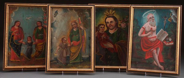 A GROUP OF FOUR SOUTHWEST RETABLOS, OIL ON TIN, 1: A GROUP OF FOUR SOUTHWEST RETABLOS, OIL ON TIN, 19TH CENTURY. Comprising the Holy Family, St. Joseph and the Infant Christ, St. Joseph holding the Infant Christ, and the Penitent St. Jerome. All appro