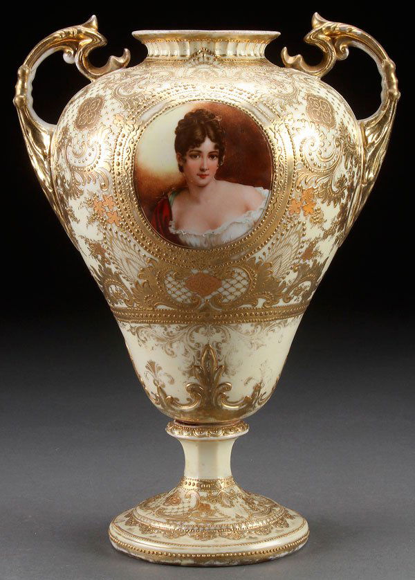 HAND PAINTED NIPPON BOLTED PORTRAIT URN,: HAND PAINTED NIPPON BOLTED PORTRAIT URN, CIRCA 1900. Two-handled urn on pedestal foot with portrait of Madame Recaimer surrounded by scrolled gold decoration. Blue “maple leaf” mark. Height 12 inc