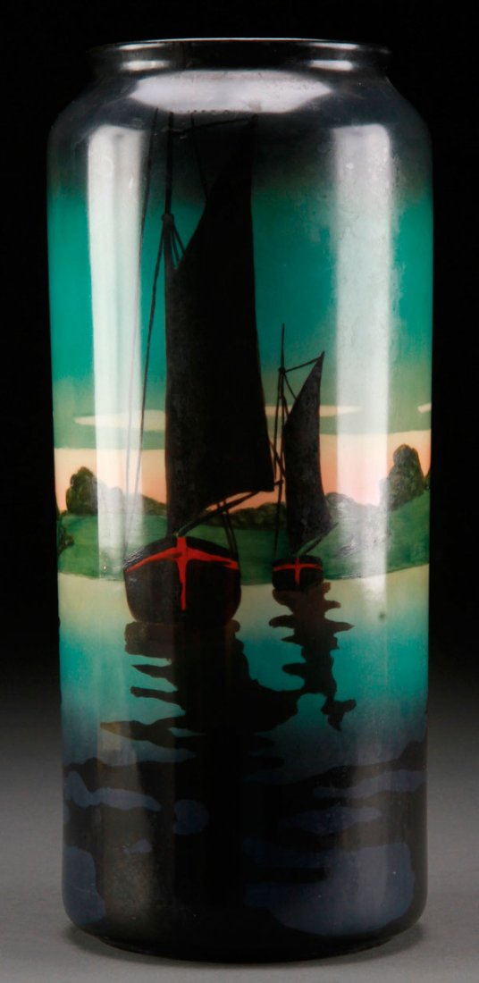 A LARGE AND IMPRESSIVE WILLETS BELLEEK AMERICAN VASE: A LARGE AND IMPRESSIVE WILLETS BELLEEK AMERICAN PORCELAIN HAND PAINTED VASE, EARLY 20TH CENTURY. Finely painted in the round with sailboats in silhouette with stylized wavy shadows. Brown "Willets" ba