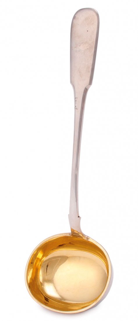 A HEAVY RUSSIAN SILVER-GILT LADLE, SAZIKOV, 1877: A HEAVY RUSSIAN SILVER-GILT LADLE, SAZIKOV, 1877. The flared handle supporting a large oval form bowl, the interior which is brightly gilded. Hallmarked Moscow, dated 1877 and with Cyrillic makers ma