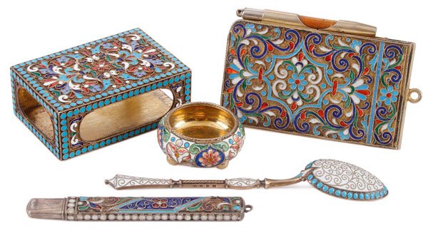 FOUR RUSSIAN SILVER-GILT AND ENAMEL ITEMS: A GROUP OF FOUR RUSSIAN SILVER-GILT AND ENAMEL ITEMS, MOSCOW AND ST. PETERSBURG, 1896-1917. Comprising a cloisonné enameled match box holder, a cloisonné enameled notebook with original paper and pe