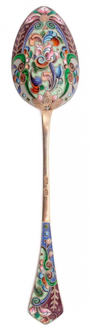 FINE RUSSIAN SILVER-GILT AND SHADED ENAMEL SPOON: A FINE RUSSIAN SILVER-GILT AND SHADED ENAMEL SPOON, MOSCOW 1908-1917. Both sides of the fan shaped handle finial and the bowl enameled in florals and geometric designs in the Pan Slavic style. Hallmar