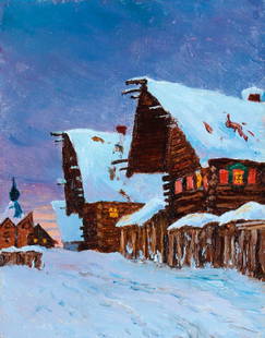 RUSSIAN WINTER VILLAGE PAINTING CIRCLE OF KOROVIN: Circle of KONSTANTIN ALEXEIEVITCH KOROVIN(Russian 1861-1939)Nocturnal Winter Village Scene Oil on artist boardFaintly and indistinguishably signed on verso in pencil7.75 inches x 6 inches (20 x 15.4 c