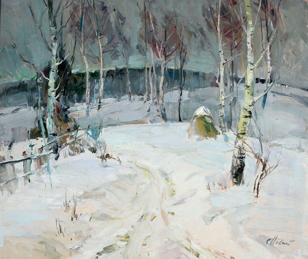 RUSSIAN PAINTING, SIGNED IN CYRILLIC: STEPAN EMELYANOVICH NECHAI(Russian b. 1941) Winter Landscape with Birches Oil on cardboard Signed lower right in Cyrillic S. Nechai 23 inches x 27.25 inches (60 x 70 cm)