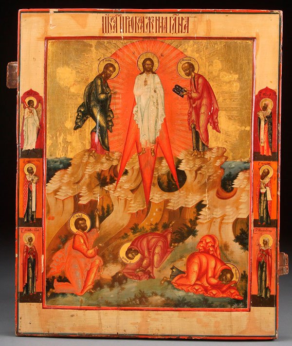 A RUSSIAN ICON OF THE TRANSFIGURATION, CIRCA 1800: A RUSSIAN ICON OF THE TRANSFIGURATION, CIRCA 1800. Here the Apostles Peter, James and John look on in awe as Christ, between the Prophets Elijah and Moses is Transfigured on Mount Tabor as recorded in