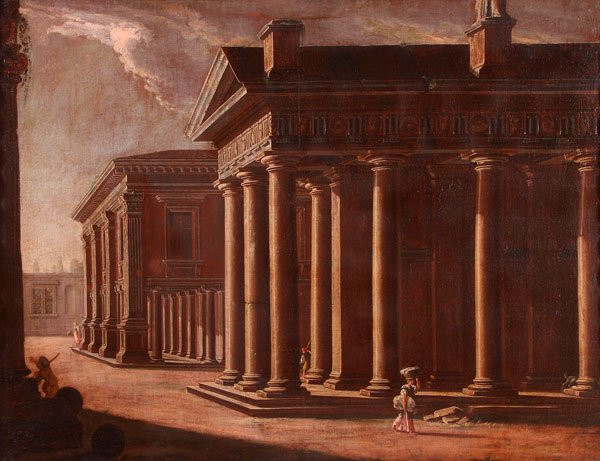 OLD MASTER CAPRICCIO PAINTING, CIRCLE OF PANINI: Circle of GIOVANNI PAOLO PANINI(Italian 1691-1765)An Architectural Capriccio with Figures Oil on canvasUnsigned45.75 inches x 59.5 inches (116.2 x 149.8 cm) Contained in its original carved gilt frame