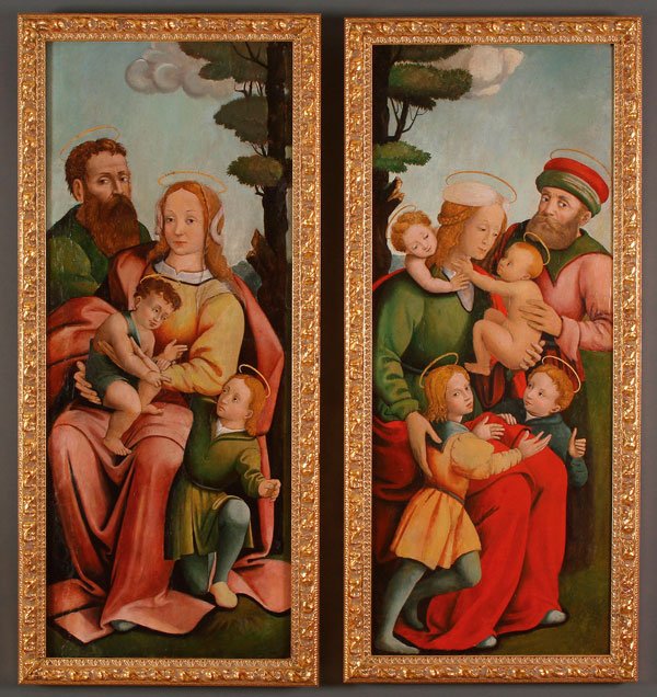 A PAIR OF TRIPTYCH WINGS, ITALIAN SCHOOL, 16TH C: A PAIR OF TRIPTYCH WINGS, ITALIAN SCHOOL, 16TH CENTURY. Depicting the Holy Family (left) and St. John the Baptist, Elizabeth and Zachariah (right). Oil on cradled wood panels. 45 inches x 18.5 inches 