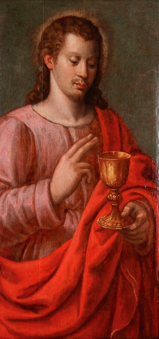 OLD MASTER PAINTING, ST. JOHN, CIRCA 1600: GERMAN SCHOOL(circa 1600)Saint John the Evangelist Oil on wood panelUnsigned22.4 inches x 11.25 inches (57 x 30 cm)