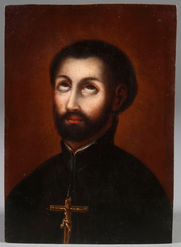 MEXICAN RELIGIOUS PAINTING ON COPPER: Circle of Jose de Alzibar(Mexican -died 1803) Bust Portrait of Saint Francis Xavier Oil on copper 9.8 inches x 7 inches (25 x 18 cm)