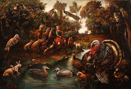 OLD MASTER STYLE DUTCH PAINTING: Follower of ROELANDT SAVERY(Dutch 1576-1639)Orpheus Taming the Wild Animals Oil on canvasUnsigned41 inches x 59 inches (104.1 x 149.8 cm)
