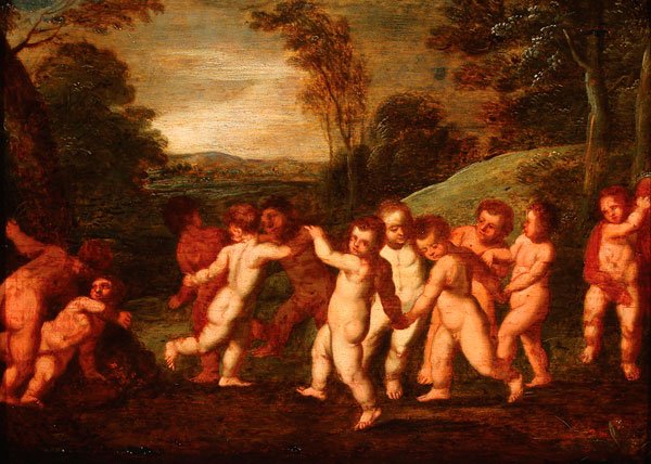FLEMISH OLD MASTER PAINTING ON WOOD: Follower of FRANS FLORIS THE ELDER(Flemish 1519-1570) Putti Dancing a Ring Dance in a Wooded Landscape Oil on oak wood panel Unsigned 10.5 inches x 14.75 inches (26.2 x 37.5 cm)
