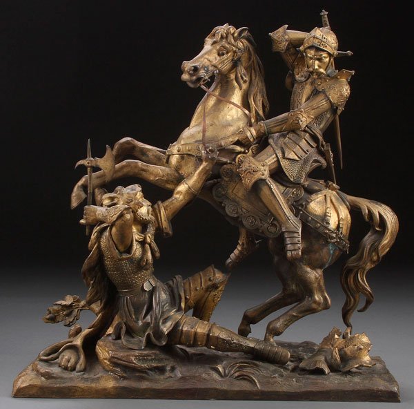FRENCH GILT BRONZE, ATTRIBUTED TO GETCHER: Attributed to JEAN FRANCOIS THEODORE GECHTER(French 1795-1844) Knight on Horseback Slaying Fallen Warrior Bronze with gilt patina Apparently unsigned, base stamped 782 and underside stamped with lette