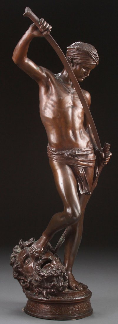 LARGE FRENCH BRONZE OF DAVID, AFTER MERCIE: After ANTONIN MERCIE(French 1845-1916) David Vainquer Bronze with brown patina Inscribed on base A. Mercie Height 29.75 inches (75.5 cm)